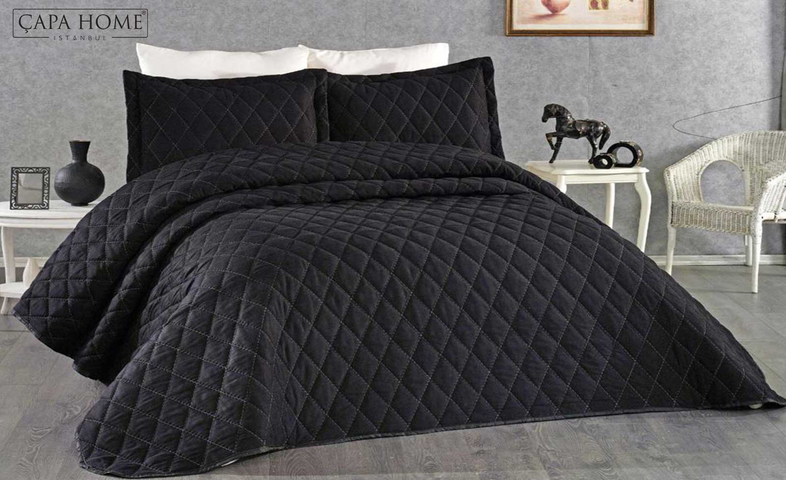 Nare Siyah Kapitone Nakışlı Yatak Örtüsü Çapa Home Ev Tekstili